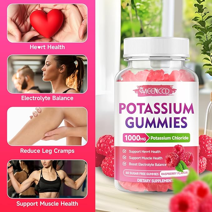 2 Pack Potassium Gummies, Potassium Chloride for Adults, Sugar-Free Potassium Supplement Gummies Support Electrolyte Balance for Women & Men, Raspberry Flavor, 120 Count