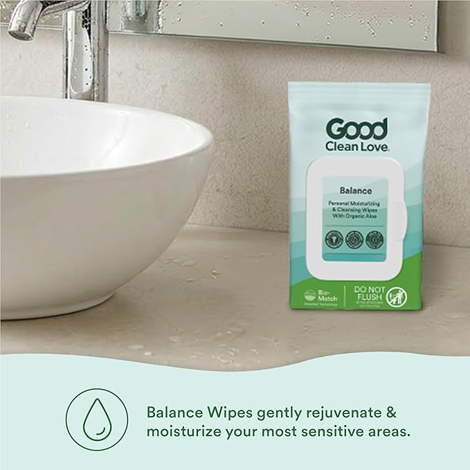 Good Clean Love Balance pH-Balanced Feminine Wipes, Supports Vaginal Health Naturally & Reduces Odor, Non-Irritating Moisturizing & Cleansing Hygiene Product Made with Organic Aloe, (60 Count)