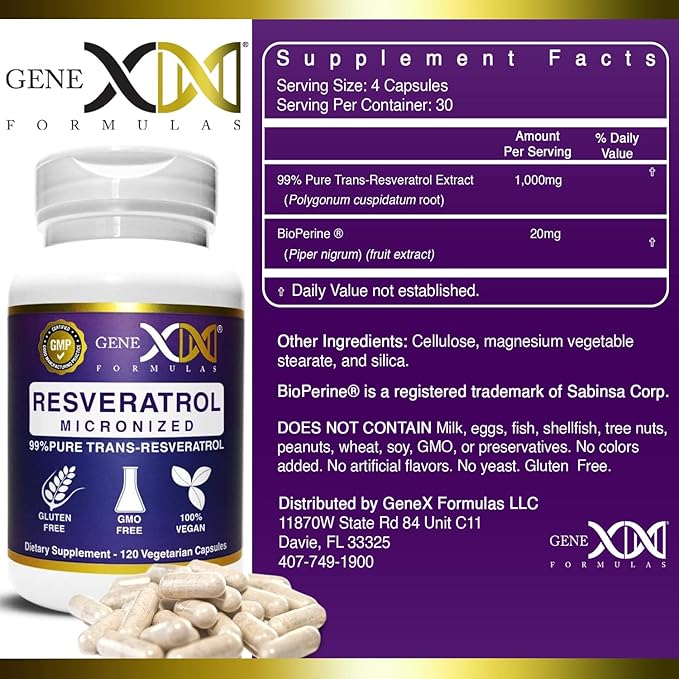 Genex Formulas Trans Resveratrol 1000mg Serving 99% Pure Micronized Pharmaceutical Grade Trans-Resveratrol + Bioperine Extract mad in a GMP & NSF Certified Facility (4X 250mg Cpasules 120ct)