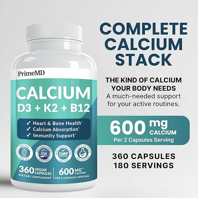 4-in-1 Calcium Supplements for Women and Men - Calcium with Vitamin D3 K2 5000 IU Supplement, 601mg per Serving for Heart, Bones & Body Defenses - Gluten-Free, Vegan-Friendly (360 ct) (Pack of 1)