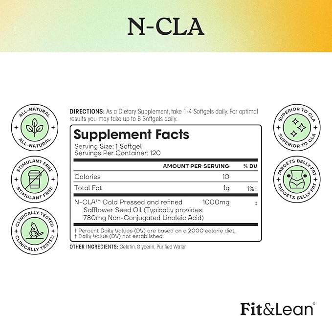Fit & Lean N-CLA, Weight Loss Supplement, Reduces Belly Fat Better Than CLA, Boost Metabolism, Supports Lean Muscle, Stimulant Free, Non Conjugated Linoleic Acid, 120 Servings (Packaging May Vary)