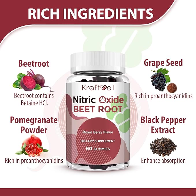 Beet Root Gummies 6000mg – Nitric Oxide Booster with Grape Seed, Pomegranate, Vitamins C & B12 – Nitric Oxide Supplements for Men – Mixed Berry Flavor – 60 Gummies
