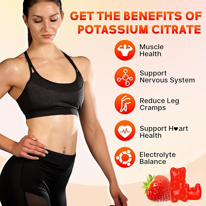 Potassium Citrate Gummies 1200mg for Adults, Women & Men Chewable Potassium Supplement for Muscle Health & Electrolyte Support Sugar Free, Strawberry Flavor, 120 Count