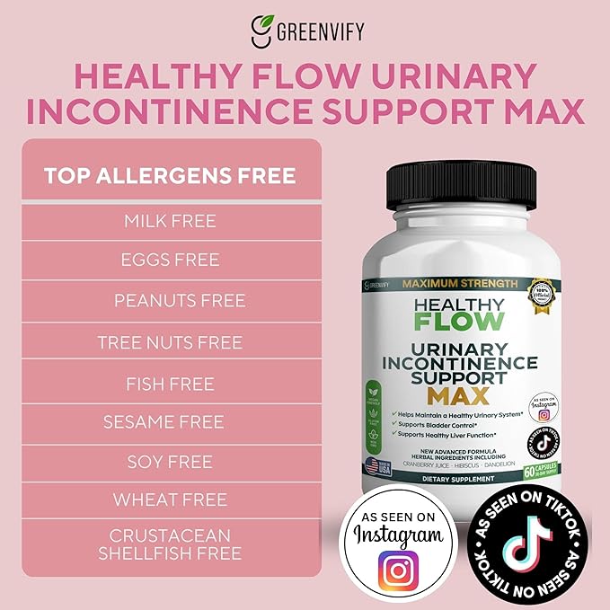 Healthy Flow Urinary Incontinence Support Max, 60 Veggie Capsules, Cranberry Juice Hibiscus Dandelion Formula, 30 Day Supply