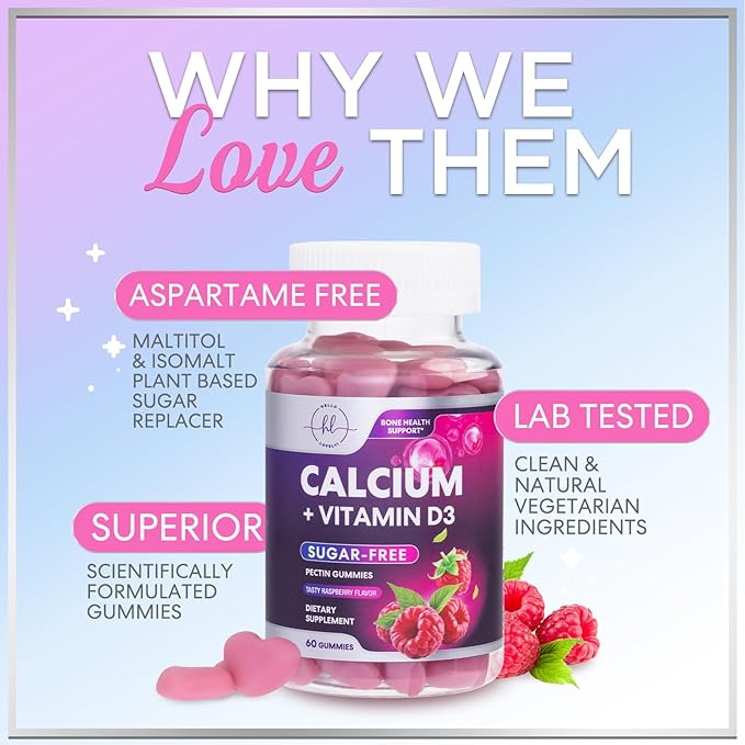 Calcium Gummies with Vitamin D3 10 mcg per Serving - Sugar Free Calcium Supplements for Bone Strength, Teeth & Immune Health Support - Natural Chews, Berry Flavored & High Absorption - 60 Gummies