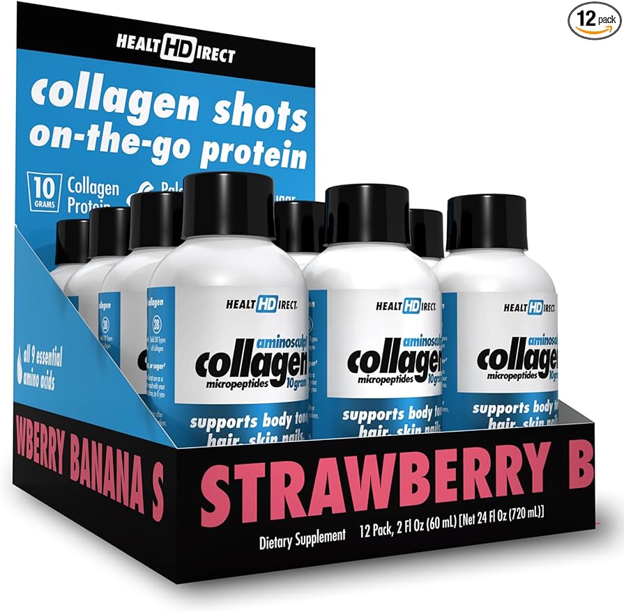 HEALTH DIRECT – Medical-Grade Liquid Collagen Shots – AminoSculpt Sugar-Free – Strawberry Banana – 12 Servings, (12pk, 2oz Shots) – Good for Joints, Bones, & Sleep – Better Hair, Skin & Nails