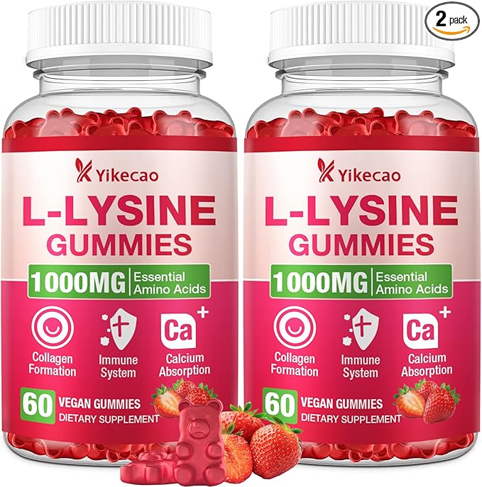 2 Pack L-Lysine 1000mg Gummies, Chewable Lysine Supplement for Lips & Skin, Immune Support, Essential Amino Acid, Non-GMO, Vegan, Gluten Free, Sugar-Free, Strawberry Flavor, 120 Count