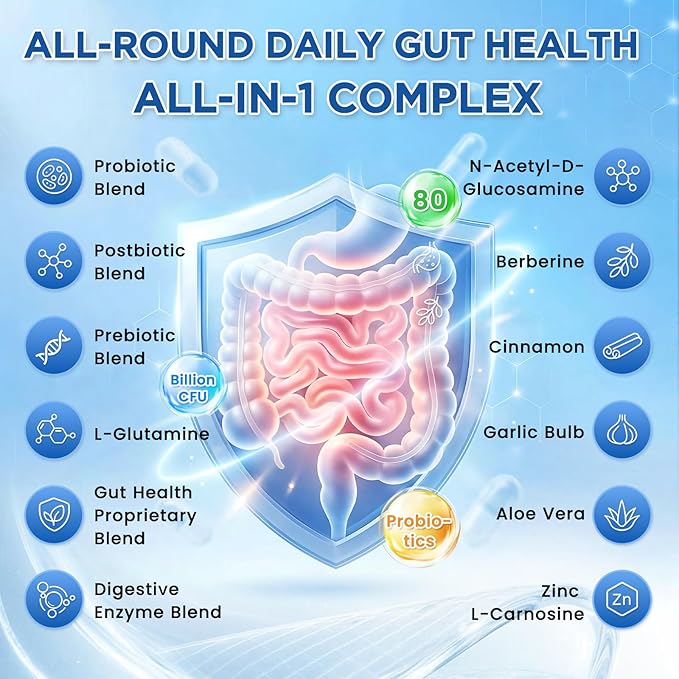 All-in-1 Gut Health with Probiotics, Prebiotics, Postbiotics & Digestive Enzymes for Women & Men, Complete Gut Health & Digestive Support Supplement, Immune Health Support, 90 Capsules