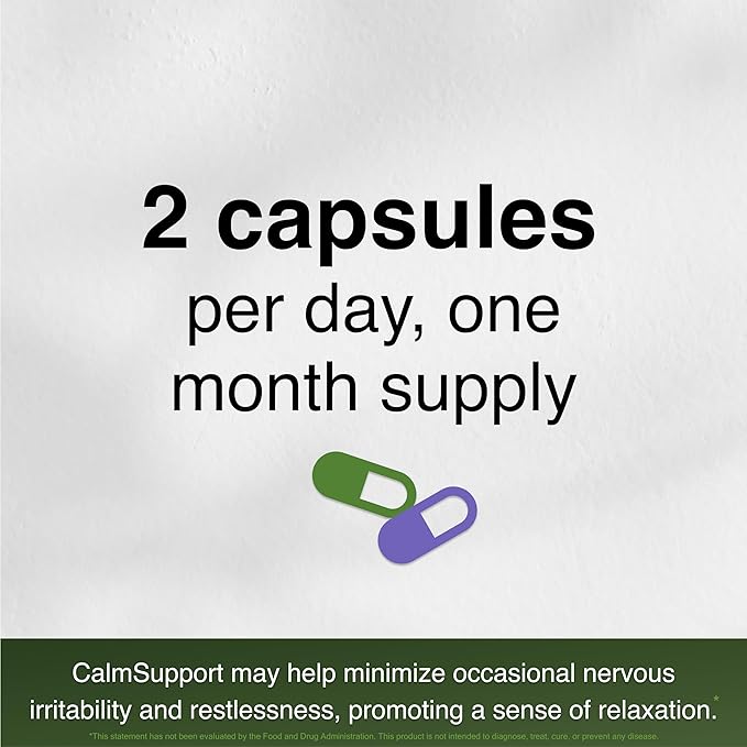 CalmSupport: Stress & Relaxation Support - Ashwagandha, Passion Flower, Valerian Root, Ginger, GABA, Velvet Bean, Motherwort, Oat Seed, L-Theanine, L-Tryptophan, Folate, C,B1,B6,B12,Zinc - 60 Capsules
