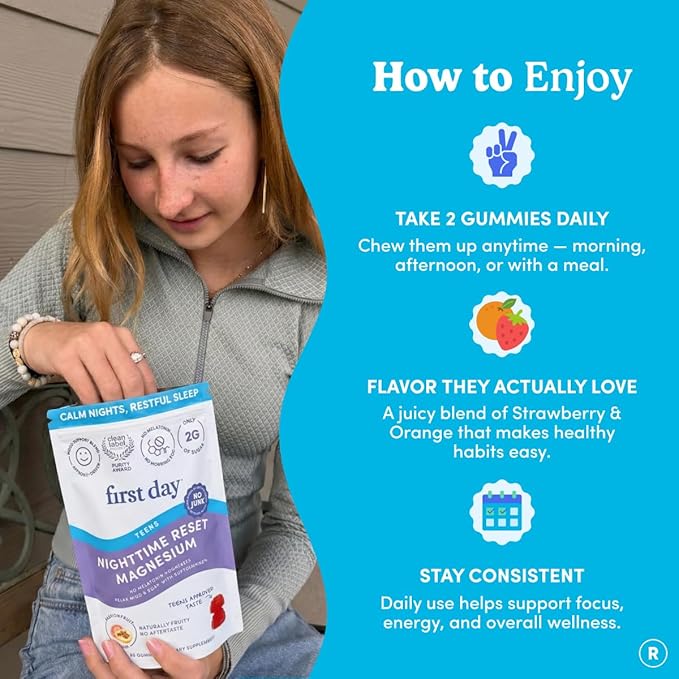 First Day Teens’ Nighttime Reset Calming Magnesium Gummies – Sleep Aid Supports Peaceful Rest, Balanced Mood & Energy – Supplement with Magnesium Citrate, Affron & No Melatonin – 60-Day Supply
