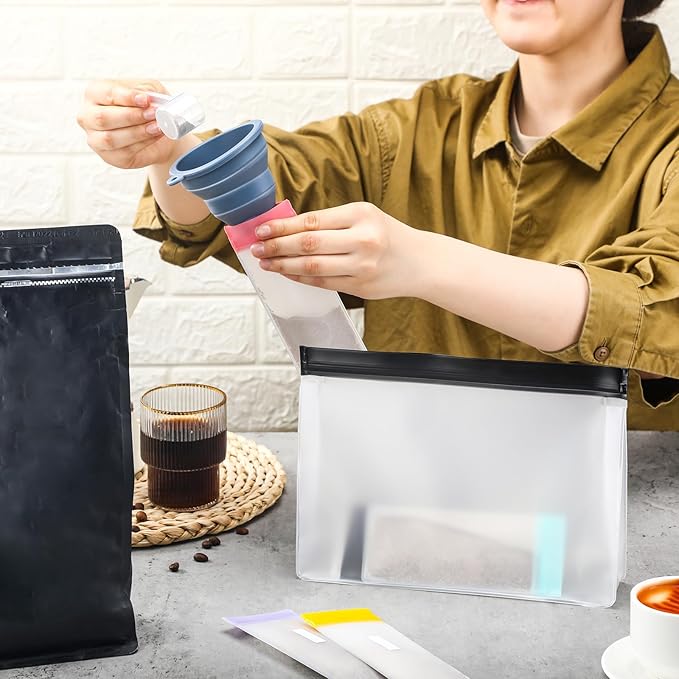 42 Pcs Protein Powder Travel Container Set Reusable Protein Powder Supplement Packets Container to Go Portable Zip up Bags Organizer with Funnels, Spoons and Labels