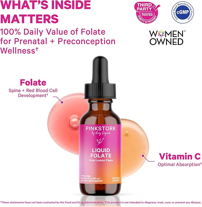 Pink Stork Liquid Folate Drops – 5-MTHF Methylfolate B9 Vitamin | Liquid Folic Acid Alternative for Women | Prenatal Folate, Non-GMO, Vegan, Sublingual Methylfolate Supplement | 2 fl oz