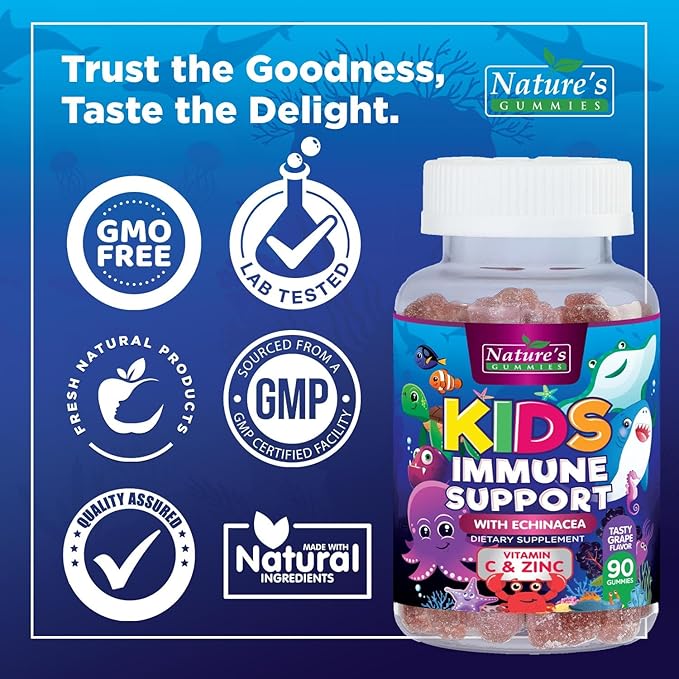 Kids Immune Support Supplement Gummies - Daily Childrens Vitamins C, Zinc & Echinacea - Gummy for Kids Immune Support, Ages 4 and Up, Natural Berry Flavor, Non-GMO, Gluten-Free & Vegan - 90 Gummies
