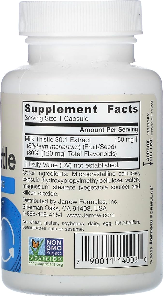 Jarrow Formulas Milk Thistle 150 mg with 30:1 Standardized Silymarin Extract, Dietary Supplement for Liver Function Support, 100 Veggie Capsules, 33-100 Day Supply
