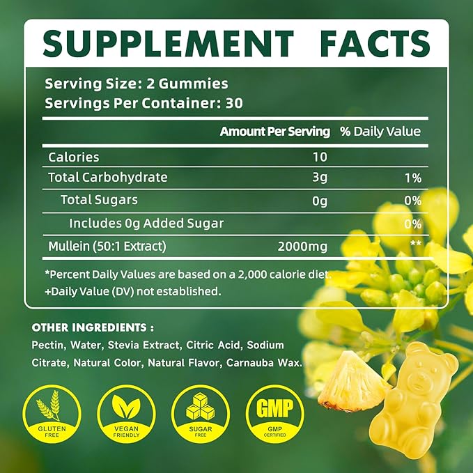 softbear Mullein Gummies for Lungs, 2000mg Mullein Leaf Extract Supplement for Respiratory & Digestive & Immune Support, Organic, Vegan, Sugr-Free, Pieneapple Flavor 60 Count