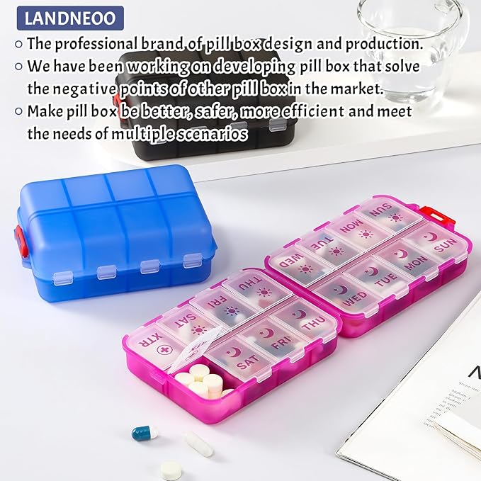 Foldable Weekly Pill Organizer 2 Times a Day with 2 Extra Compartments - Etched Labels - Portable 7 Day AM PM Medicine Box, Week Daily Travel Pill Case Holder for Vitamin, Supplement -Clear Purple