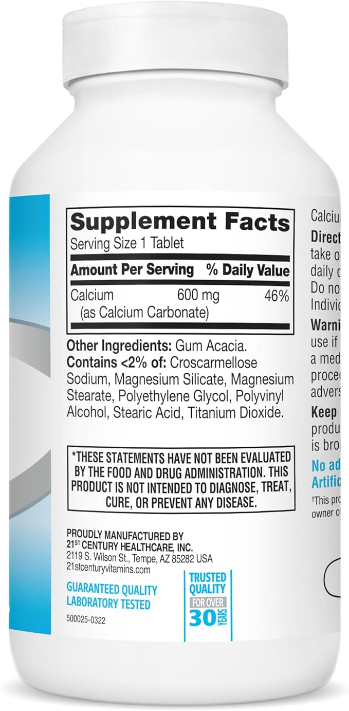21st Century Calcium 600 mg Supplement (400 Tablets), Vegan-Friendly Bone Strength Calcium Supplement, Non-GMO & Gluten-Free Calcium Carbonate, No Artificial Flavors, Suitable for Men & Women
