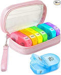 AMOOS Cute Pill Organizer 2 Times a Day, PU Leather Pill Case for Women, Portable Weekly Pill Box for Purse with Storage Bag to Hold Vitamins, Medications, Fish Oils, Supplements (Pink)