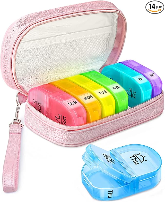 AMOOS Cute Pill Organizer 2 Times a Day, PU Leather Pill Case for Women, Portable Weekly Pill Box for Purse with Storage Bag to Hold Vitamins, Medications, Fish Oils, Supplements (Pink)