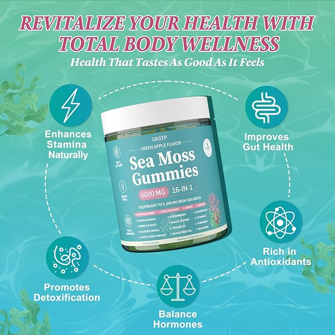 Sea Moss Gummies 16-in-1 - Ashwagandha Black Seed Oil Bladder Wrack Turmeric Vitamin C & D3 with Manuka Burdock Root Dandelion Yellow Dock Natural Detox & Liver Health Immune Support, Energy Boost