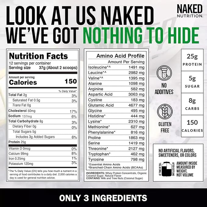 NAKED Vanilla Whey Protein 1Lb, Only 3 Ingredients, All Natural Grass Fed Whey Protein Powder + Vanilla + Coconut Sugar - NSF Certified, GMO-Free, Soy Free, Gluten Free. Aid Muscle Growth, 12 Servings
