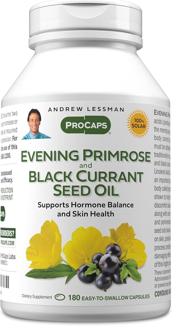 ANDREW LESSMAN Evening Primrose and Black Currant Seed Oil 180 Softgels - Soothes Physical Discomfort and Mood Swings Due to Menstrual Cycle, with Gamma-Linolenic, Omega-6 Fatty Acids, No Additives