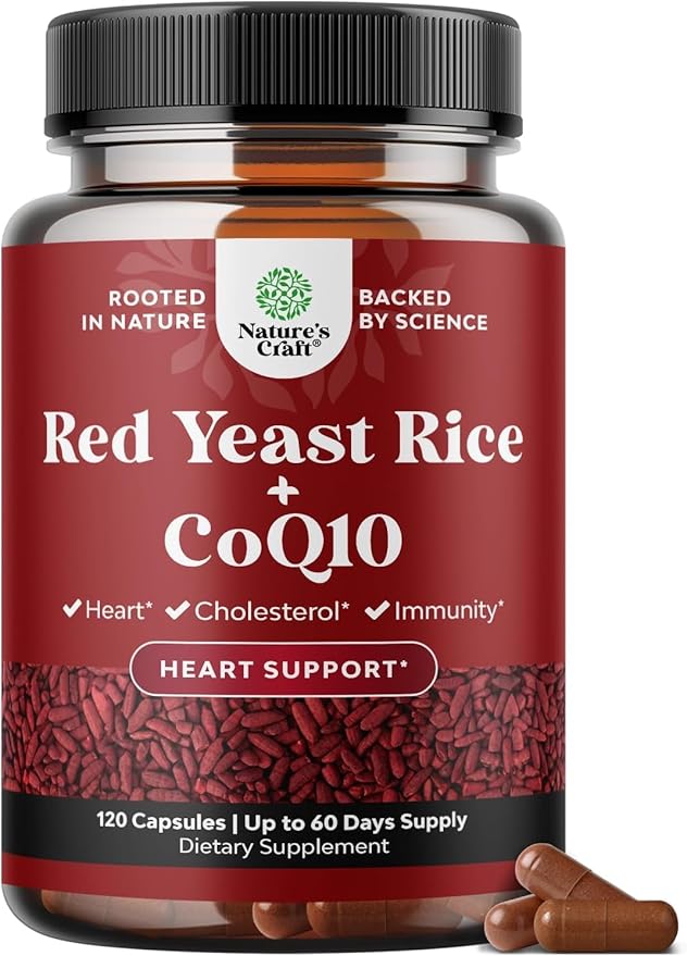 Natures Craft Red Yeast Rice with CoQ10 Supplement - Advanced Healthy Heart & Healthy Cholesterol Levels Formula for Men & Women - Red Yeast Rice Capsules with 1200 mg per Serving and CoQ10-120 Count