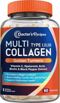 Doctor's Recipes Multi Collagen Peptides with Golden Turmeric, Vitamin C, Biotin, Hyaluronic Acid & Black Pepper, Collagen Supplements for Skin, Hair, Nail, Collagen for Women and Men, 90 Caps