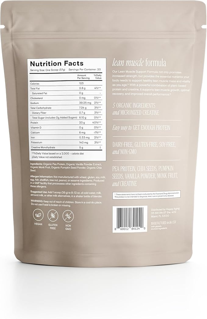 Happy Aging Protein Powder for Women, 20g Organic Pea & Pumpkin Seed Protein, 5g Creatine, Monk Fruit Sweetened, Organic Cocoa & Chia, Vegan Plant Based Protein
