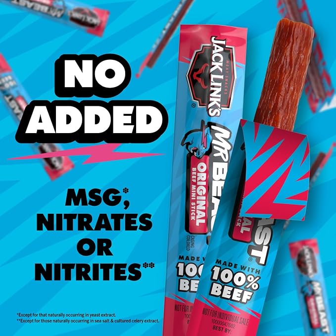 Jack Link’s x MrBeast Beef Sticks, Original Mini Beef Sticks, As Seen on Beast Games, 5g Protein, Made with 100% Real Beef, Pantry-Ready Snacks, 12 Count