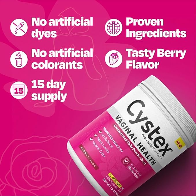 Cystex Vaginal Health Powder - Daily Electrolyte-Enhanced Support for pH Balance, Yeast, & Odor - Hydrating Berry Flavor - 15 Servings