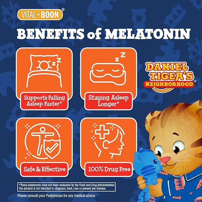Vital+Boon Daniel Tiger - Kids Melatonin Gummies for Children Ages 3 & Up (60 Count) Sleep Gummies for Kids Supports Natural Sleep Non Habit Forming - Vegan, Non GMO Gluten Free Gummy