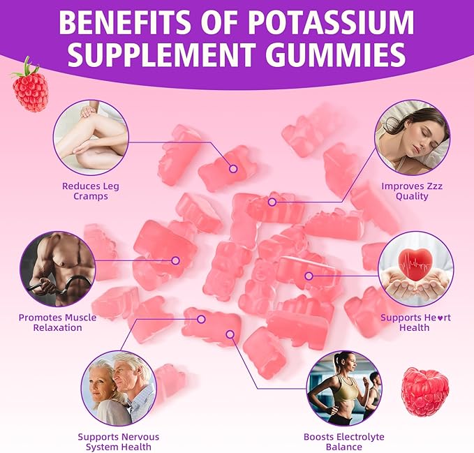 Potassium Gummies for Adults with 1200mg Potassium Chloride - Supports Muscle Health & Leg Cramps, Raspberry Flavor, 60 Count