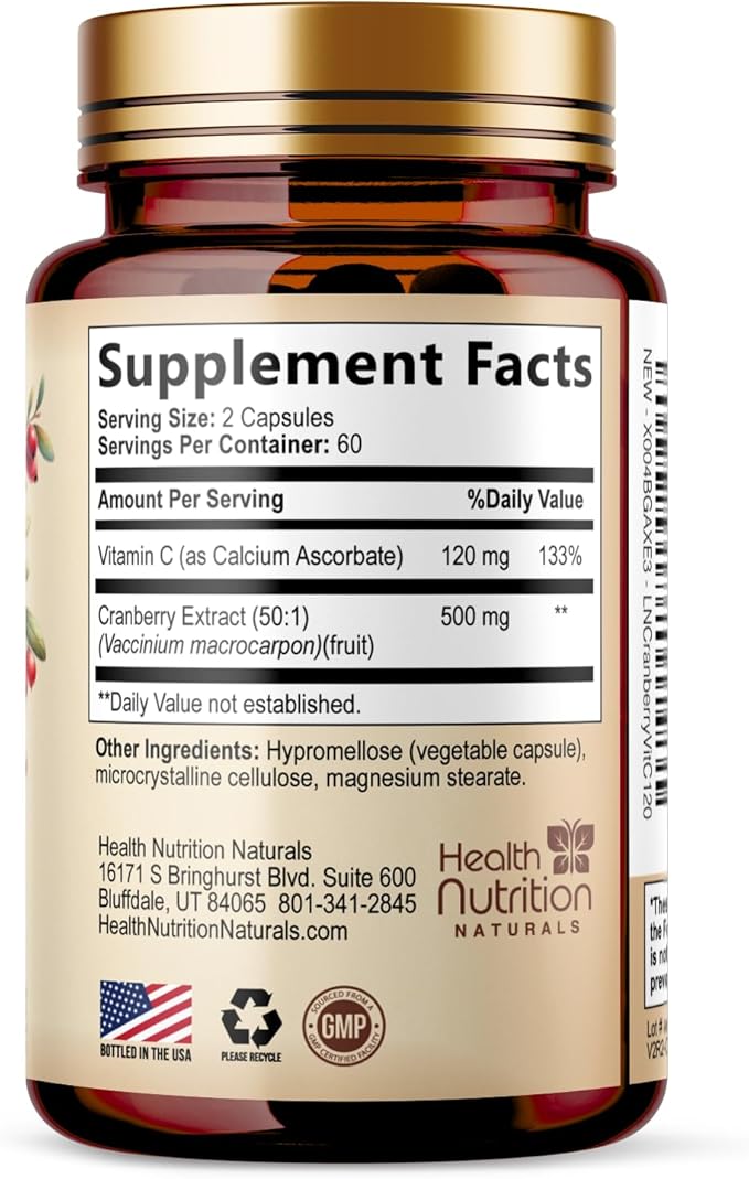 Cranberry Extract 500mg Per Serving - Cranberry Powder Supplement with Vitamins C - Urinary Tract Health Support, Cran Berry Fruit, Sugar Free Formula, Bottled in USA - 120 Capsules