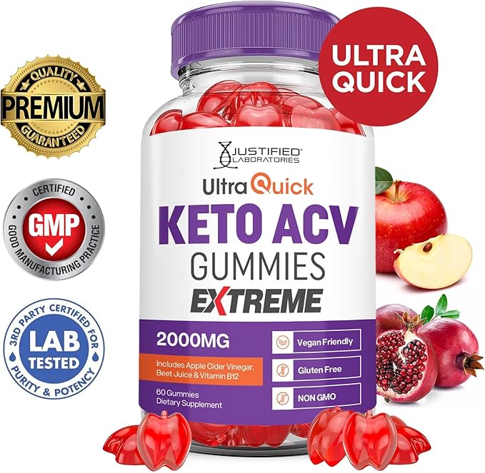 Justified Laboratories (5 Pack Ultra Quick Keto ACV Gummies Extreme 2000MG Ultraquick Keto Gummies Apple Cider Vinegar Formulated with Pomegranate Beet Juice Powder B12 Vegan Non GMO 300 Gummys