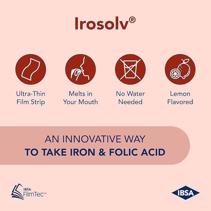 Irosolv – IBSA Iron - Dietary Supplement – 30 mg Iron 400 mcg Folic Acid-30 Oral Dissolving Films for Immediate Release and Tolerability - Gluten-Free, Lactose-Free, Sugar-Free, Non-GMO
