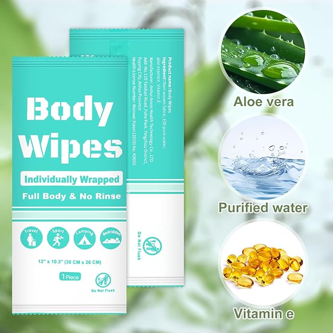 Individually Wrapped Body Wipes Bulk Bath Wipe, Women Men Large Adult Disposable Body Shower Wipes No Rinse-Free Bathing Cloths Wipe for Outdoors After Gym Camping Travel (50, Blue, 12 x 10.3 in)