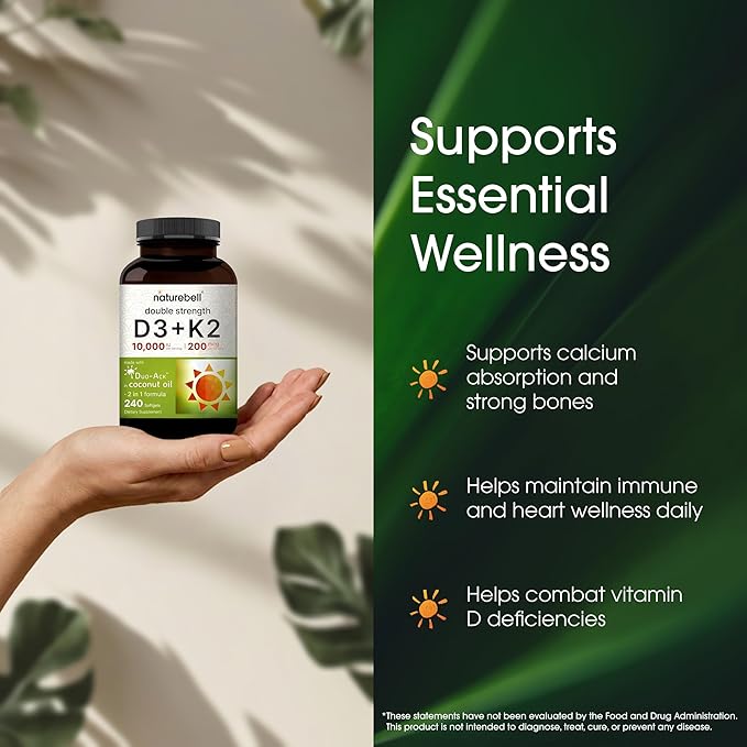NatureBell Vitamin Double Strength D3 + K2-240 Softgels - 10,000 IU Vitamin D & 200mcg K2 - Bone Strength, Immune Function & Calcium Absorption Support* - Coconut Oil Infused