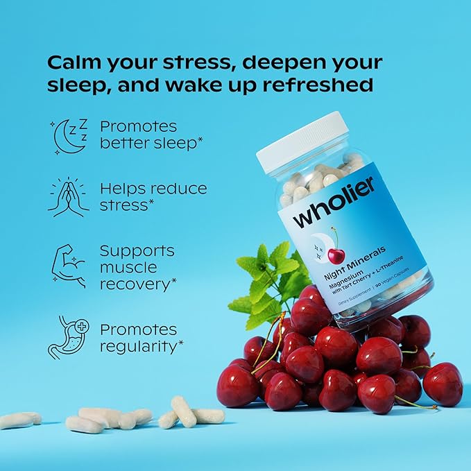 wholier Magnesium Glycinate, L-Theanine, Tart Cherry Juice. Natural Support for Sleep, Stress + Relaxation. Melatonin-Free. Night Minerals. (60 Vegan Capsules) Glass Bottle