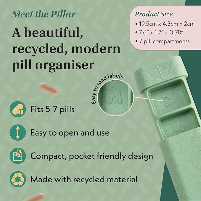 Pillar - 7-Day Pill Organizer | Weekly Medicine Pill Container Travel Box - Aesthetic Medication Holder - Stylish Travel Pill Case - Cute Small Medication Organizer 7 Day for Women (Sage Green)