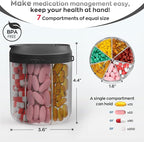 Hionxmga Pill Dispenser with 7 Large Compartments, Pill Bottle Organizer for Travel, Supplement Organizer with Anti-Mixing Design, Pill Container with 20 Pcs Labels, Black 2Pcs