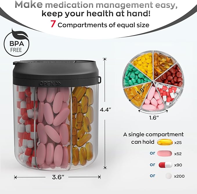Hionxmga Pill Dispenser with 7 Large Compartments, 4.4" H x 3.6" Dia Pill Organizer for Travel, Supplement Organizer with Anti-Mixing Design, BPA-Free Pill Container with 20 Pcs Labels, Black