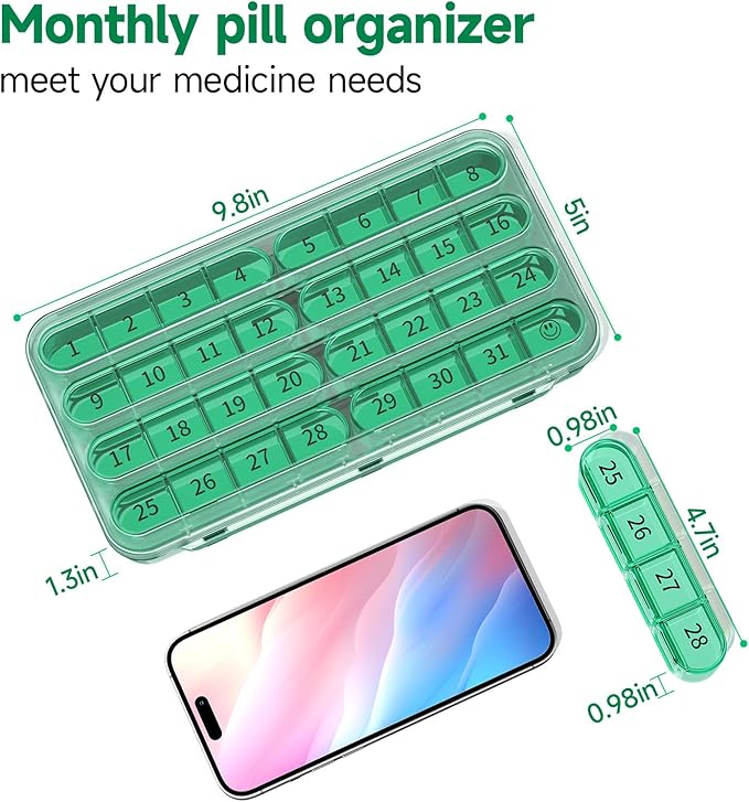 Zoksi Monthly Pill Organizer 1 Time a Day, 30 Day Pill Box Organizer Once a Day, One Month Large Pill Case for Travel, 31 Day Daily Medcine Container for Vitamins, Supplement & Medication (Olive)