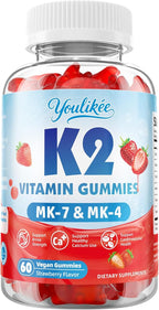 Vitamin K2 Gummies, Dual Formula Vitamin K2 Supplement with MK-7 & MK-4, Supports Bone Health, Gluten-Free, Sugar-Free, Non-GMO, Strawberry Flavor, 60 Gummies