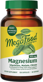 MegaFood Magnesium Glycinate, Citrate & Malate 300mg Supplement - Highly Absorbable Blend to Support Heart, Nerve Health & Relaxation, Triple Magnesium Complex Supplement, 120 Capsules (60 Servings)