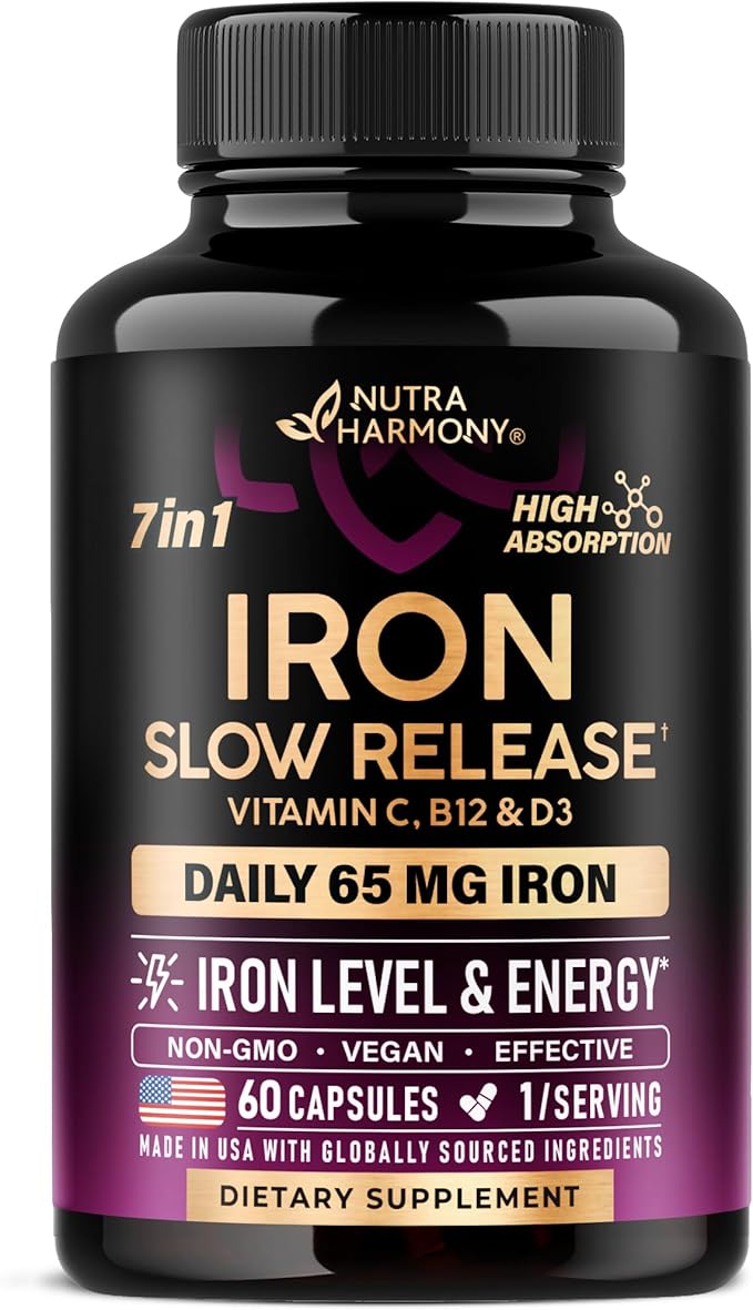 Iron Supplement for Women - Iron 65mg (Ferrous Sulfate 325mg) - Stomach Friendly | Slow Release Iron | High Absorption - Vitamins C, D3, B6, B12 & Folate - Iron Level & Energy Support - 60 Capsules