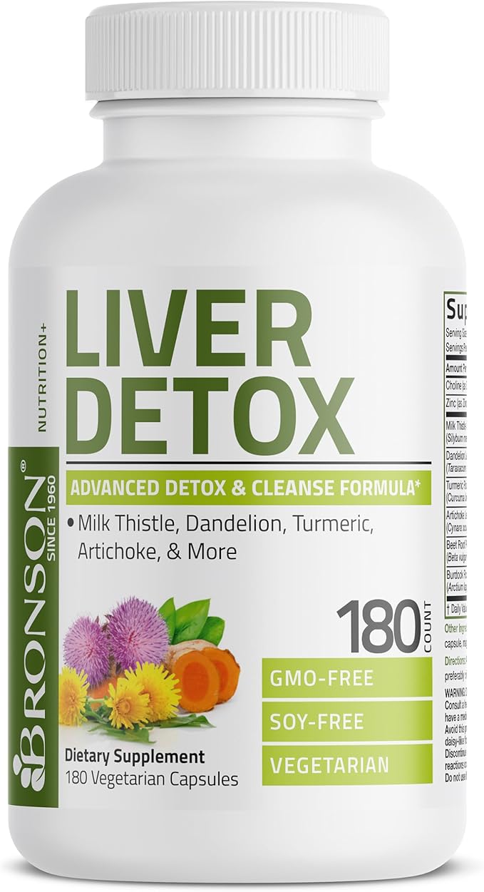 Bronson Liver Detox Advanced Detox & Cleansing Formula Supports Health Liver Function with Milk Thistle, Dandelion Extract, Turmeric, Artichoke Leaf & More, Non-GMO, 180 Vegetarian Capsules