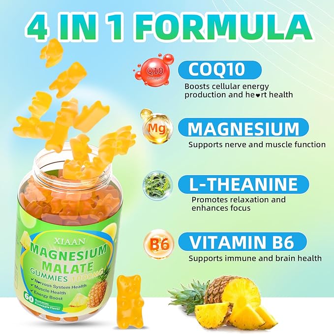 Magnesium Malate Gummies 1000mg, Chewable Magnesium Malate Supplements with CoQ10, L-Theanine & Vitamin B6 for Energy Boost & Muscle Health, Sugar-Free/Vegan, Pineapple Flavor 120 Count