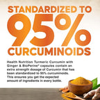 Turmeric Curcumin Supplement - 2200mg Curcumin Complex & 400mg Organic Ginger per Serving - 95% Curcuminoids & BioPerine Black Pepper for Best Absorption & Joint Support, Bottled in USA - 180 Capsules