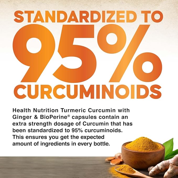 Turmeric Curcumin Supplement - 2200mg Curcumin Complex & 400mg Organic Ginger per Serving - 95% Curcuminoids & BioPerine Black Pepper for Best Absorption & Joint Support, Bottled in USA - 120 Capsules